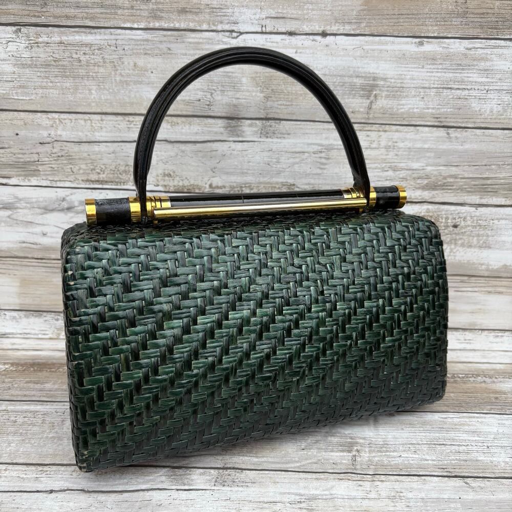 VTG Rodo Lacquered Wicker Basket Box Purse Green Framed Retro 50s‎ 60s Italian